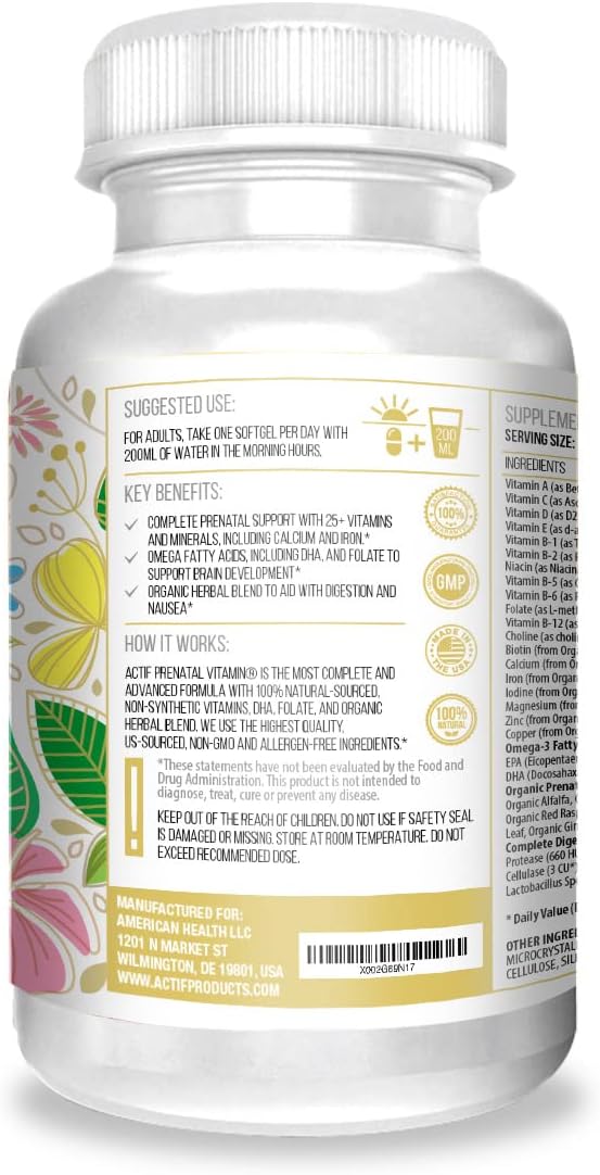 Actif Organic Prenatal Vitamin - 25+ Organic Vitamins, DHA, EPA, Omega-3, Choline - Non-GMO, 90 Capsules - görsel 3