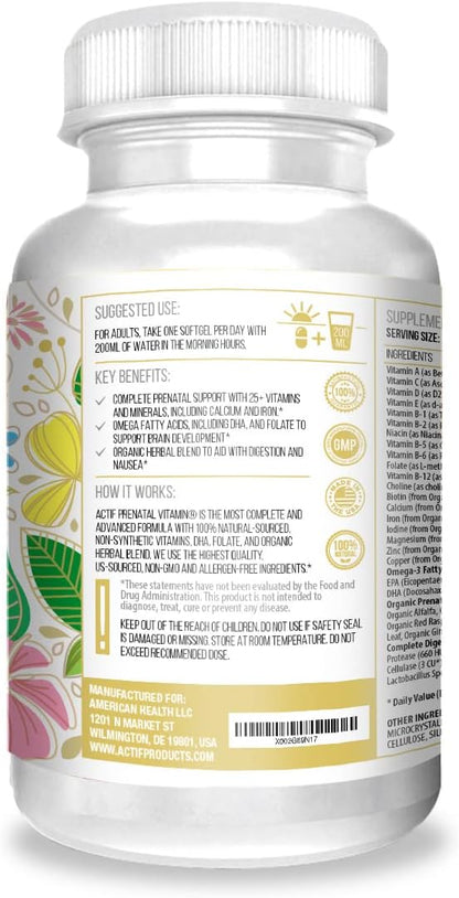 Actif Organic Prenatal Vitamin - 25+ Organic Vitamins, DHA, EPA, Omega-3, Choline - Non-GMO, 90 Capsules