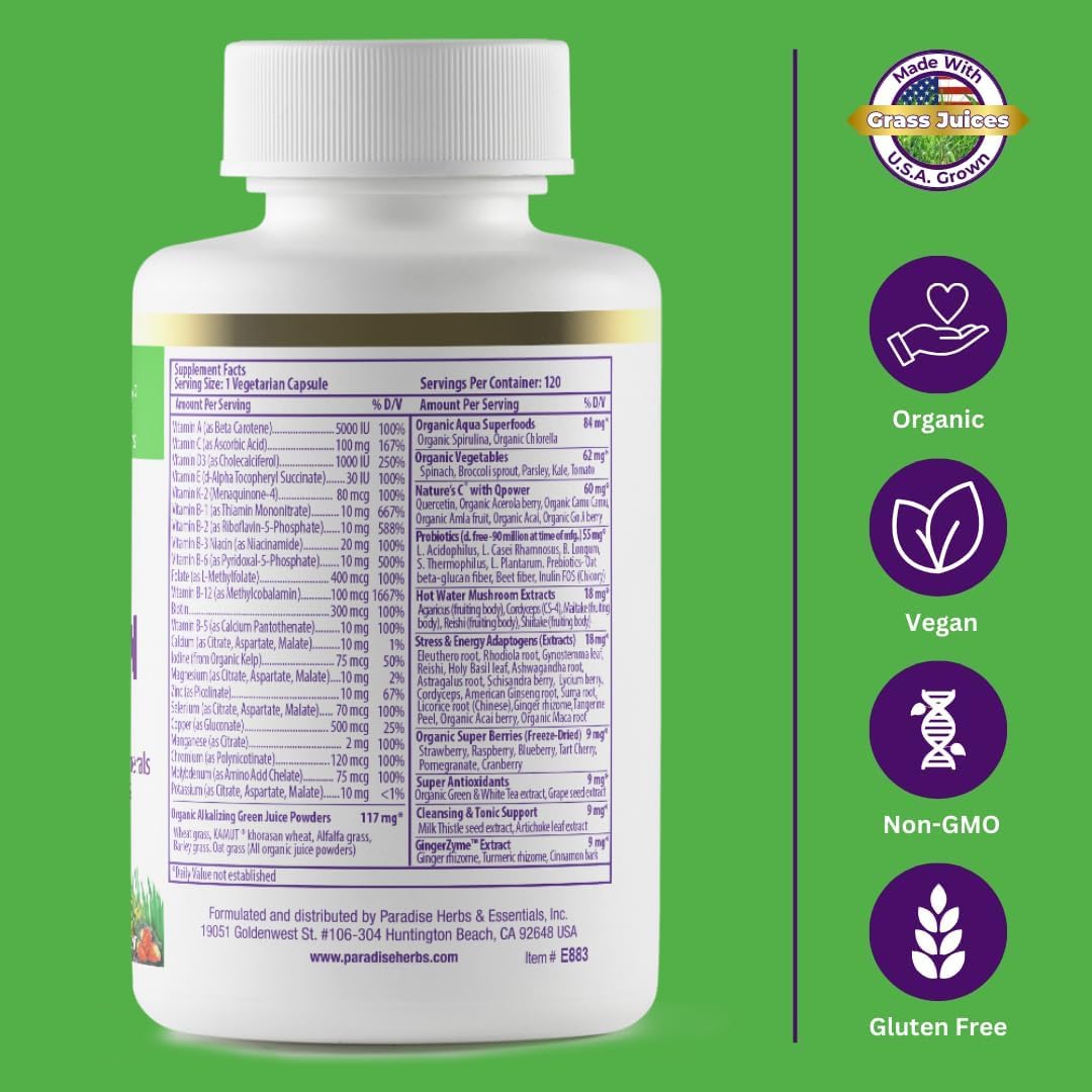 Paradise Herbs Earth's Blend Once Daily Multivitamin, No Iron, 48 Organic Superfoods, Probiotics, Antioxidants, Vitamins A, B12, C, D, K2, 120 Capsules - görsel 4