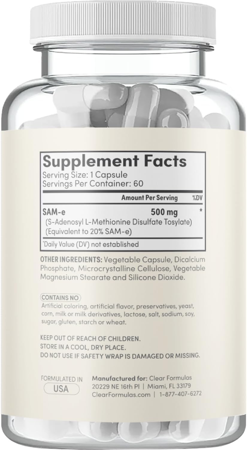 Clear Formulae Bioactive SAM-e 500mg – High Strength SAM-e Supplement with Biologically Active S,S Form for Liver and Mood Support – Vegan, Non-GMO, Preservative Free – 60 Capsules - görsel 8