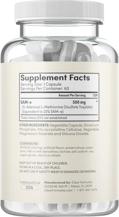 Clear Formulae Bioactive SAM-e 500mg – High Strength SAM-e Supplement with Biologically Active S,S Form for Liver and Mood Support – Vegan, Non-GMO, Preservative Free – 60 Capsules