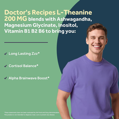 Doctor's Recipes L-Theanine 200mg with Magnesium Glycinate, Ashwagandha, Inositol, B6, B1, B2 - Calm and Focus Support, Vegan, 90 Capsules