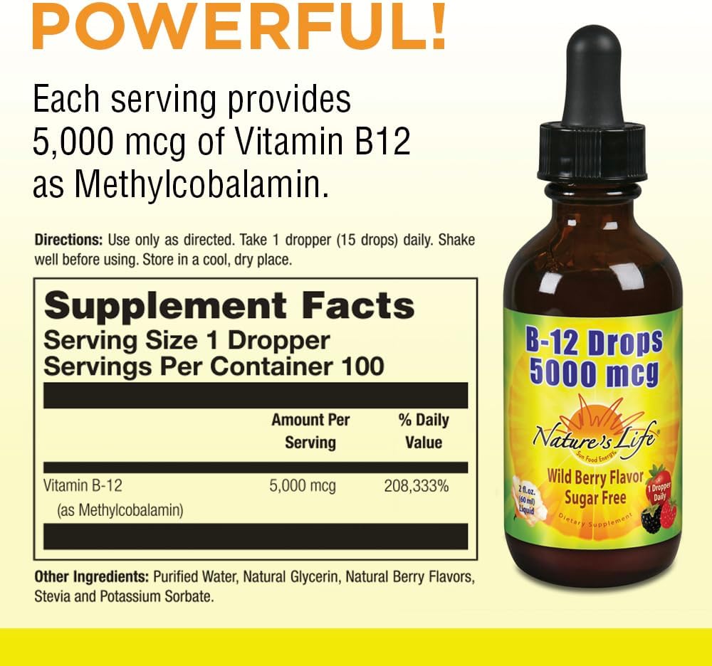 Nature's Life B12 Drops 5000 mcg - Vitamin B12 Methylcobalamin Liquid Supplement, Natural Mixed Berry Flavour, 59 ml - görsel 2