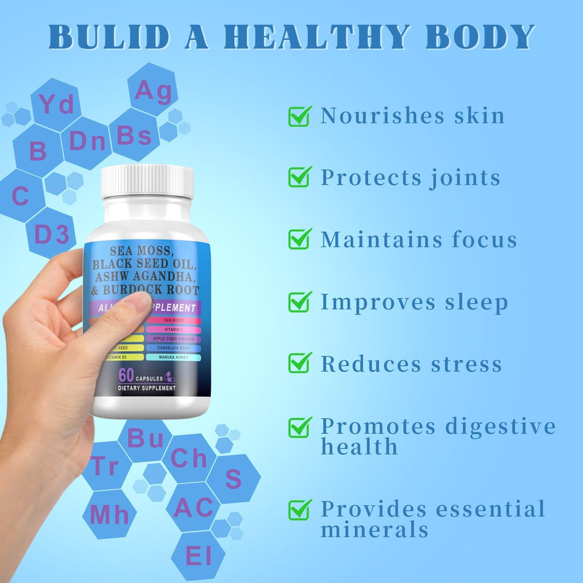Pyzor Sea Moss Black Seed Oil Ashwagandha Turmeric Bladderwrack Burdock Root Shilajit - 60 Capsules - görsel 2