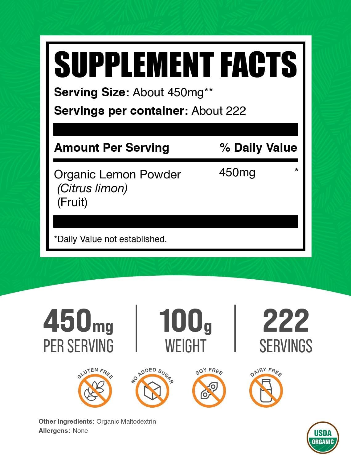 BulkSupplements.com Organic Lemon Powder - 100g - görsel 2