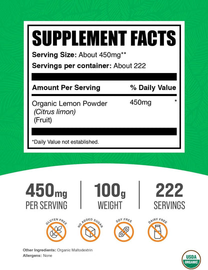 BulkSupplements.com Organic Lemon Powder - 100g