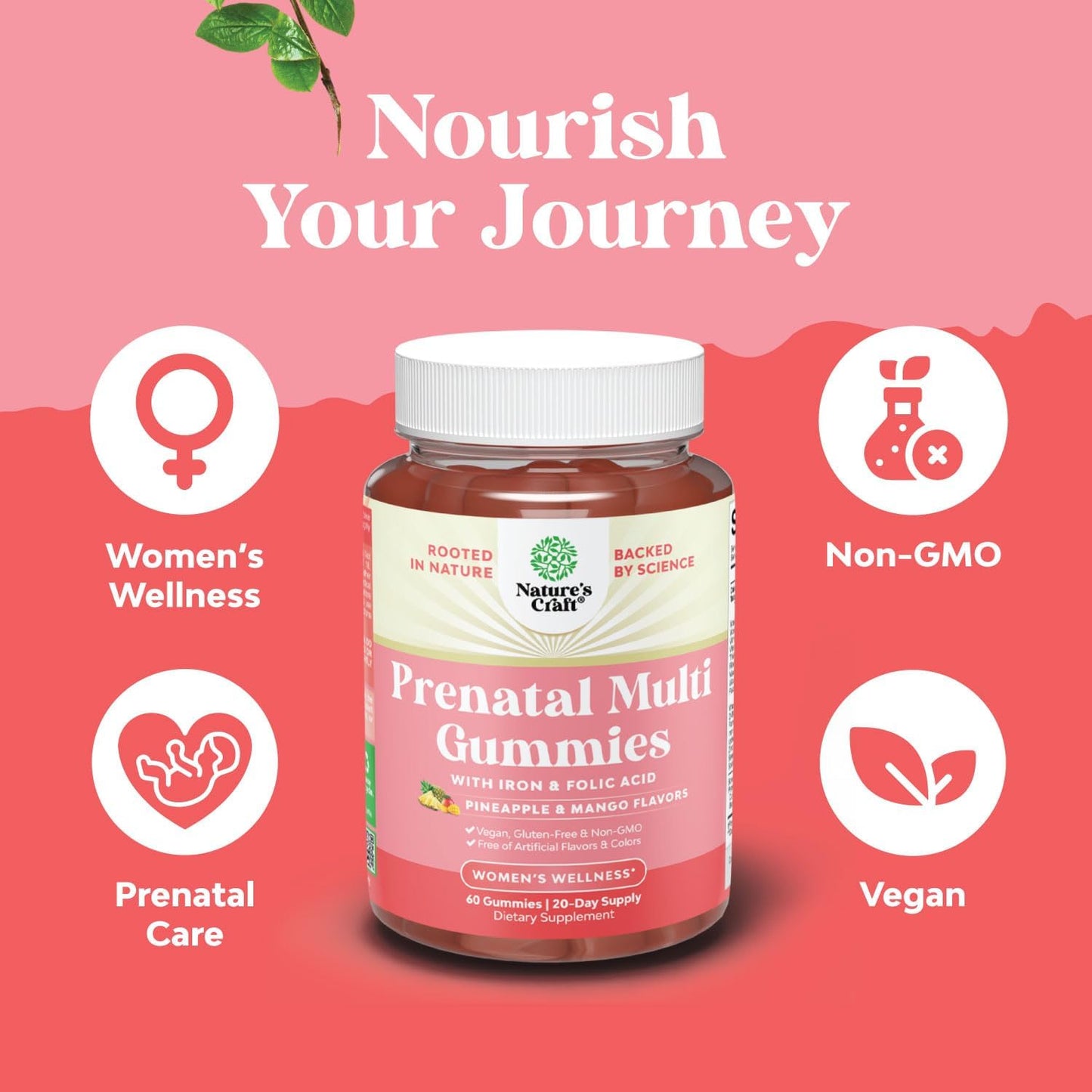 Natures Craft Vegan Prenatal Gummies for Women – Gummy Prenatal Vitamins with Iron, Folic Acid, and Superfruit Blend – Chewable Vitamins (Pineapple & Mango) – 60 Gummies - görsel 4