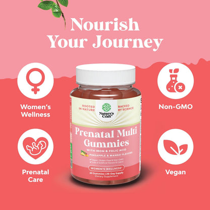 Natures Craft Vegan Prenatal Gummies for Women – Gummy Prenatal Vitamins with Iron, Folic Acid, and Superfruit Blend – Chewable Vitamins (Pineapple & Mango) – 60 Gummies