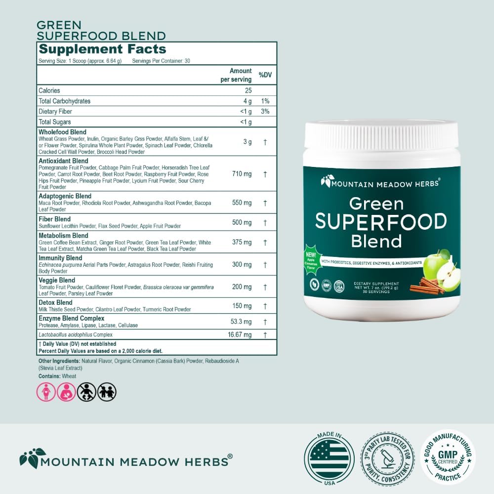 Mountain Meadow Herbs Green Superfood Blend – Organic Greens Powder with Spirulina, Chlorella, Probiotics & Digestive Enzymes – Apple Cinnamon Flavour – 30 Servings - görsel 4