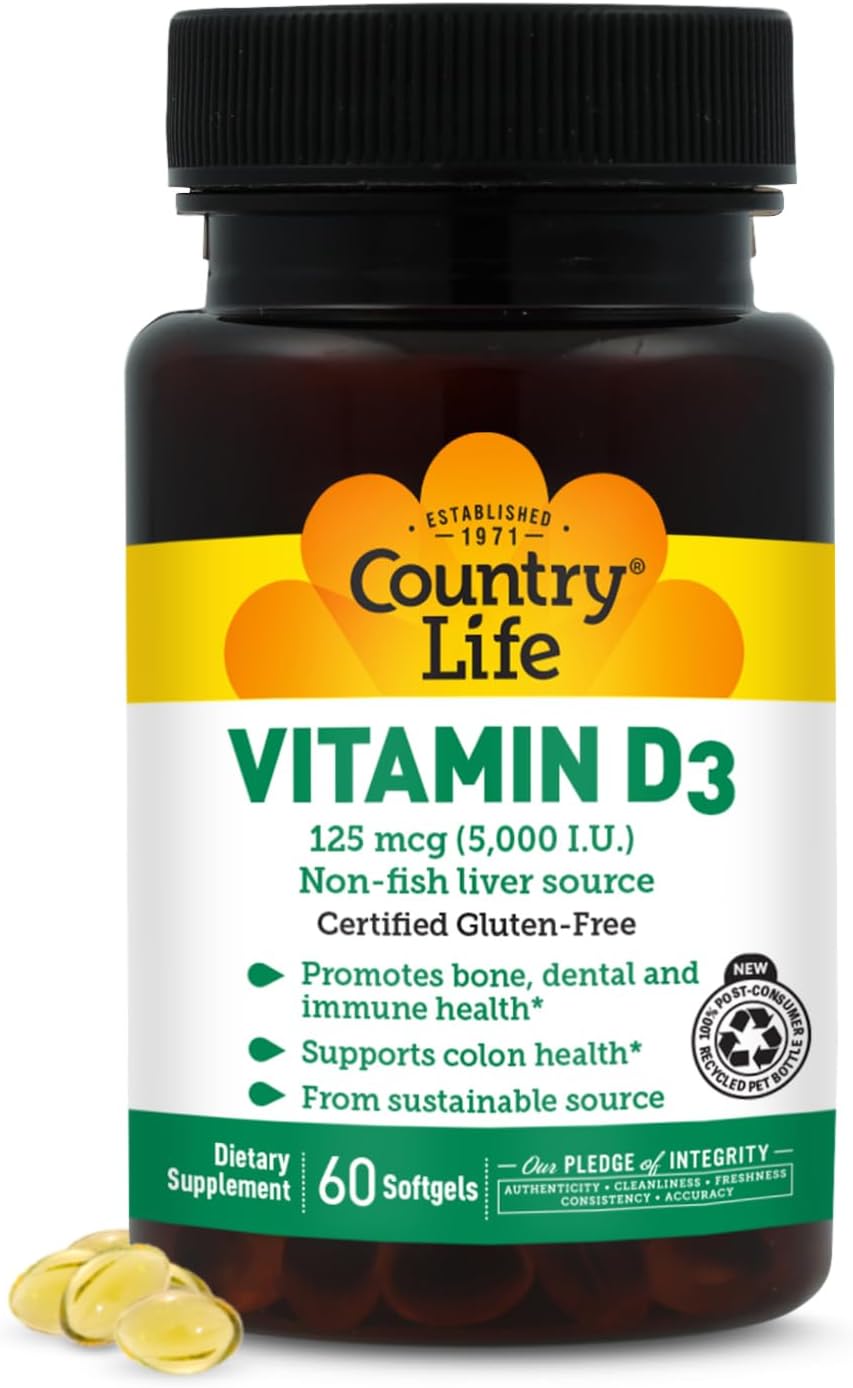 Country Life Vitamin D3 5000 IU - Supports Healthy Bones, Teeth and Immune System - 60 Softgels - görsel 1