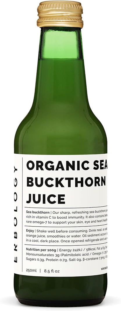 Erbology 100% Organic Sea Buckthorn Juice, 250ml (Box of 6) – Undiluted, No Added Sugar, Non-GMO, Recyclable Glass Bottle
