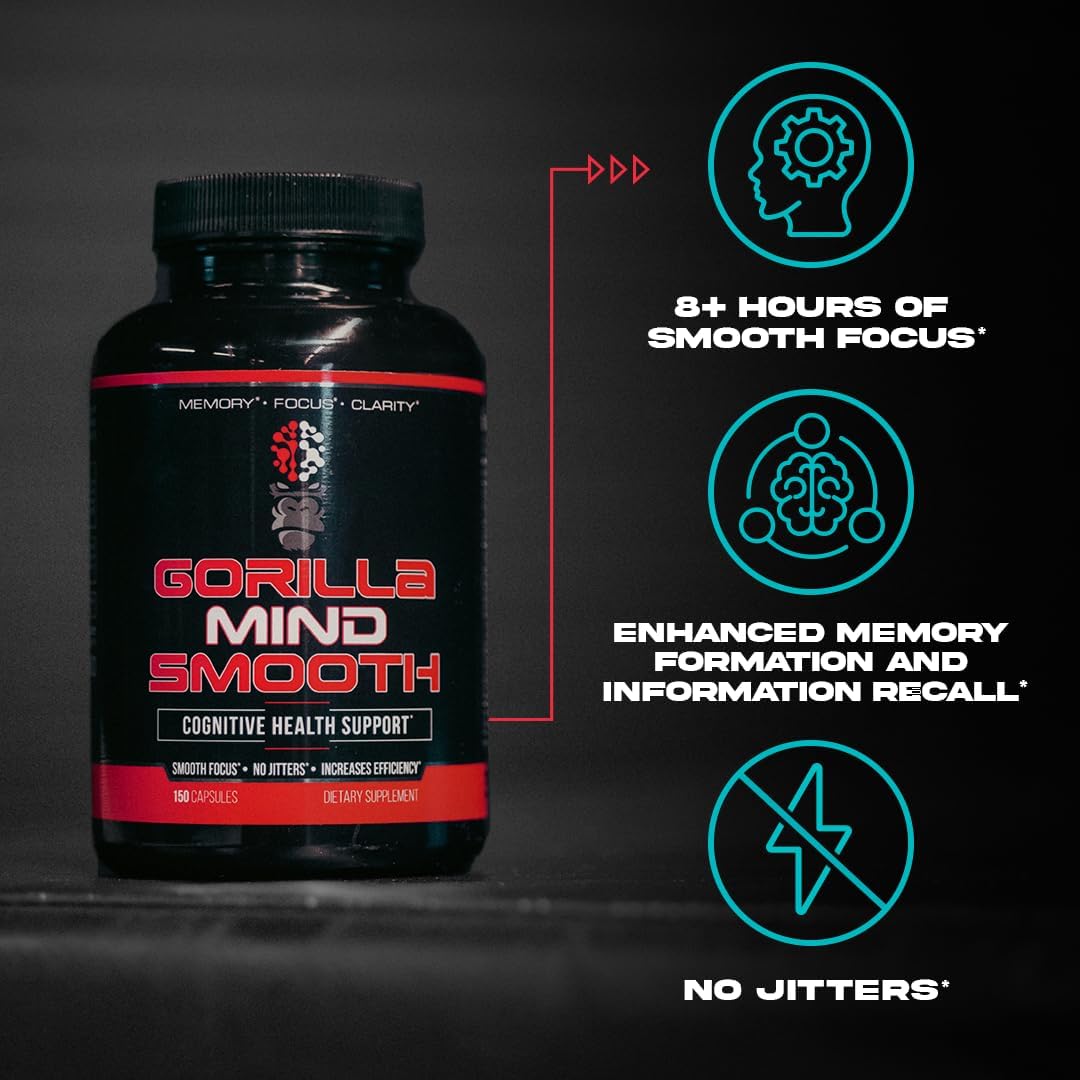 Gorilla Mind Smooth Nootropic Formula - Non-Stimulant, Memory & Focus Support, 150 Capsules - görsel 3