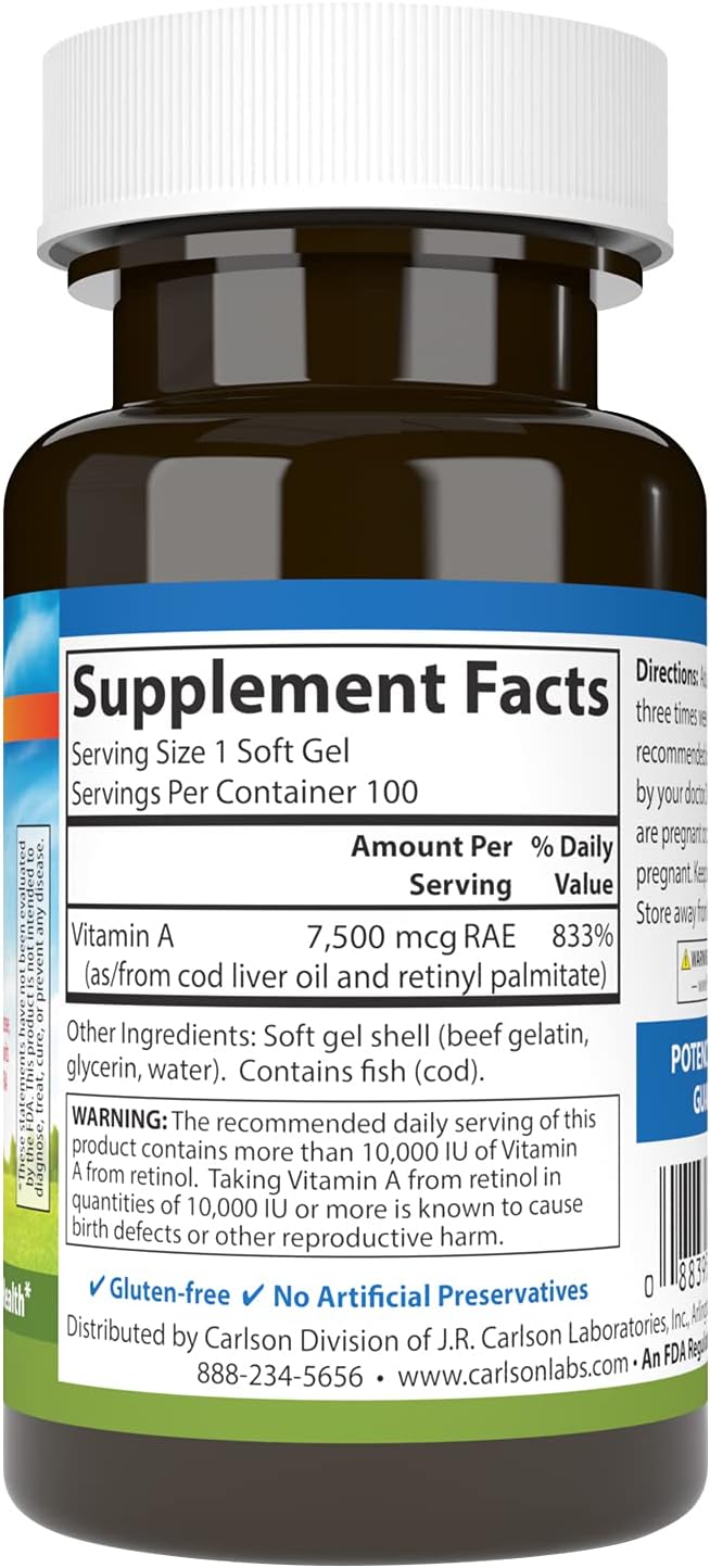 Carlson Vitamin A, 25000 IU (7500 µg), Vision and Skin Health, Immune Function, 100 Soft Gels - görsel 2
