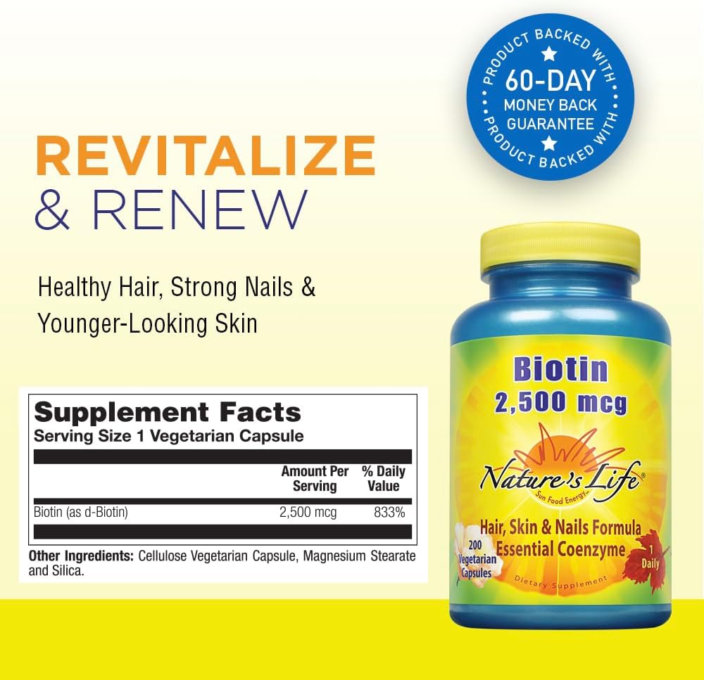 Nature's Life Biotin 2500mcg | Healthy Hair, Skin & Nails Support | 200 Vegetable Capsules - görsel 2