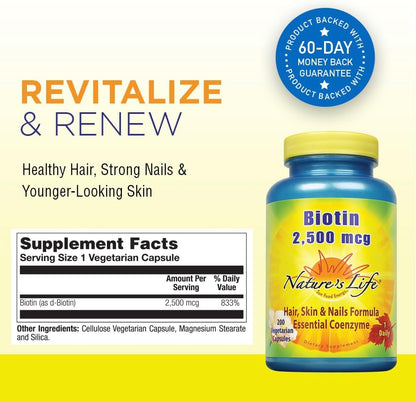 Nature's Life Biotin 2500mcg | Healthy Hair, Skin & Nails Support | 200 Vegetable Capsules
