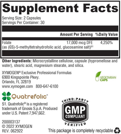 XYMOGEN 5-MTHF ES - Bioactive Folate Food Supplement - 17,000 mcg (as Quatrefolic) - 60 Capsules