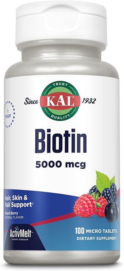 KAL 5000 mcg Biotin Tablets, Mixed Berry, 100 Tablets