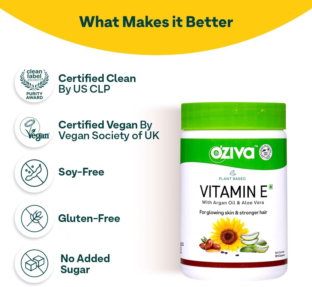 OZiva Plant-Based Vitamin E + Aloe Vera + Argan Oil for Glowing Skin and Stronger Hair, 30 Vegan Capsules - görsel 5