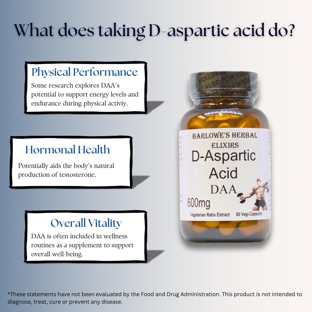 Barlowe's Herbal Elixirs D-Aspartic Acid Supplement | DAA | 600 mg Per Capsule | 60 Veggie Capsules | Athletic Performance | Stearate Free | Glass Bottle - görsel 3