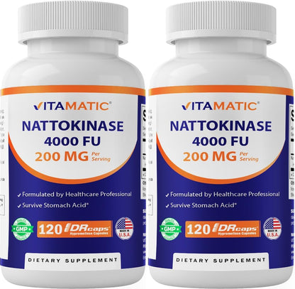 Vitamatic Nattokinase 4,000 FU – 120 Delayed-Release Capsules – Resists Stomach Acid – Non-GM & Gluten-free – Made in the USA (2 Pack)