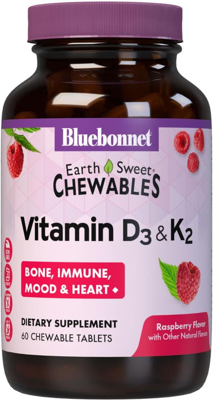 Bluebonnet Nutrition Vitamin D3 & K2 EarthSweet Chewable Tablets, Raspberry Flavour, 60 Tablets