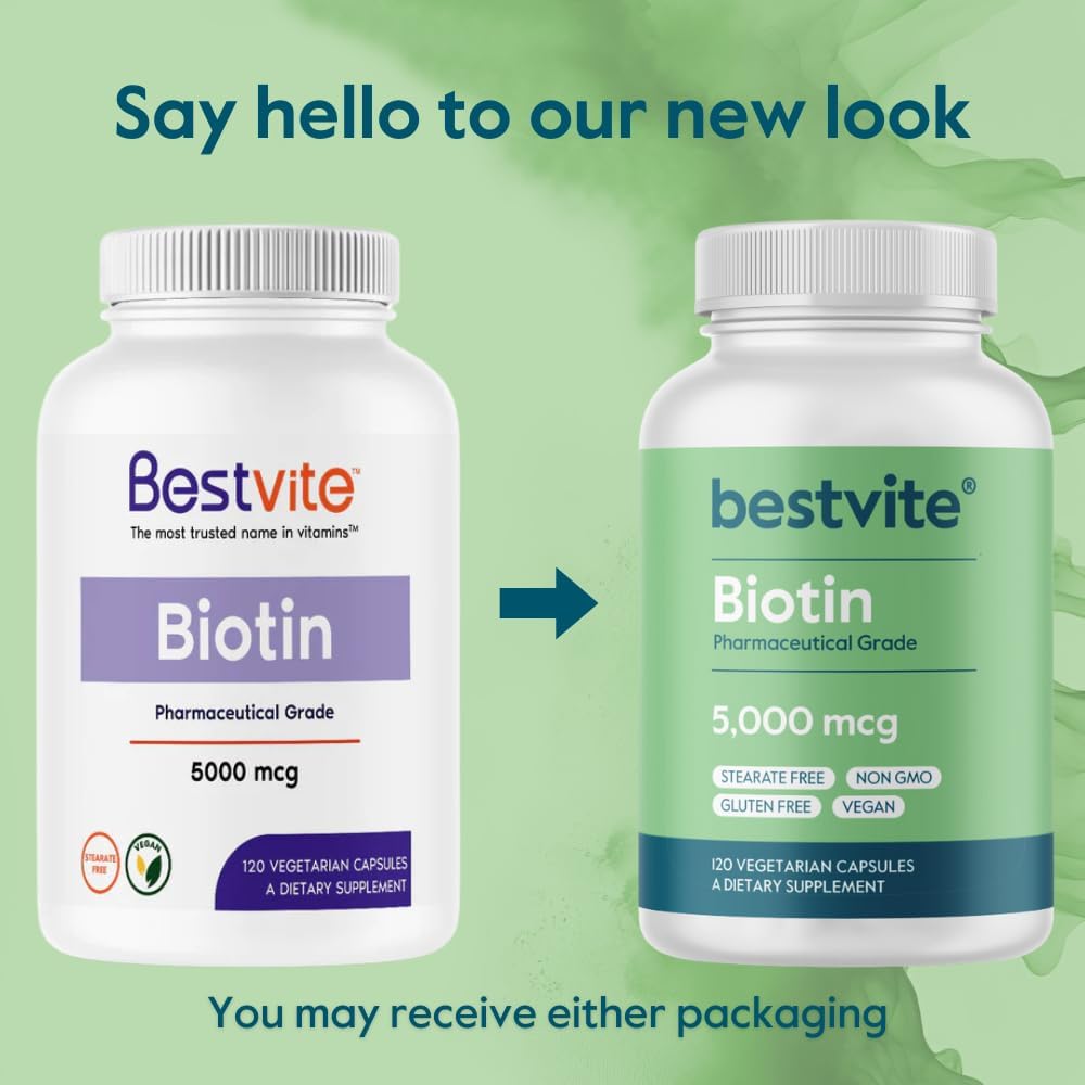 BESTVITE Biotin 5000mcg (120 Vegetarian Capsules) - No Stearates - No Flow Agents - Vegan - Non GMO - Gluten-free - Hair, Skin, Nails - görsel 3