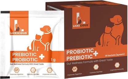 LICKICIOUS Probiotics for Dogs & Cats – Synbiotic Powder with 9.2 Billion CFU, 12 Strains, Prebiotics & Enzymes, 20 Sachets