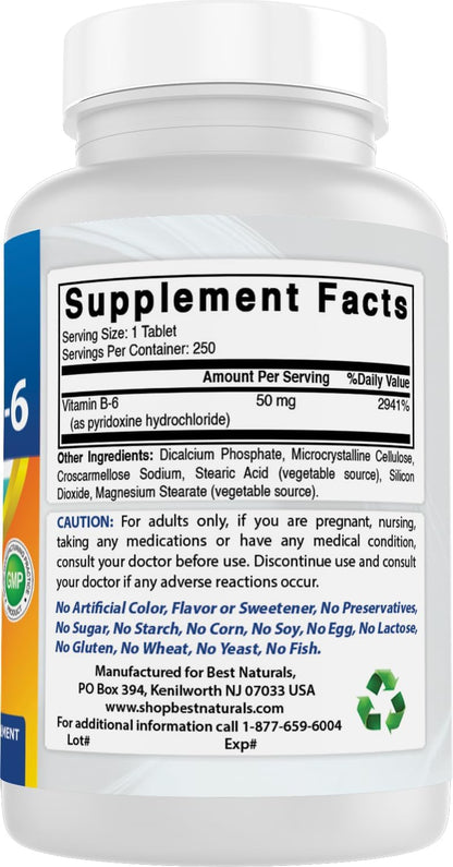 Best Naturals Vitamin B6 50 mg, 250 Tablets