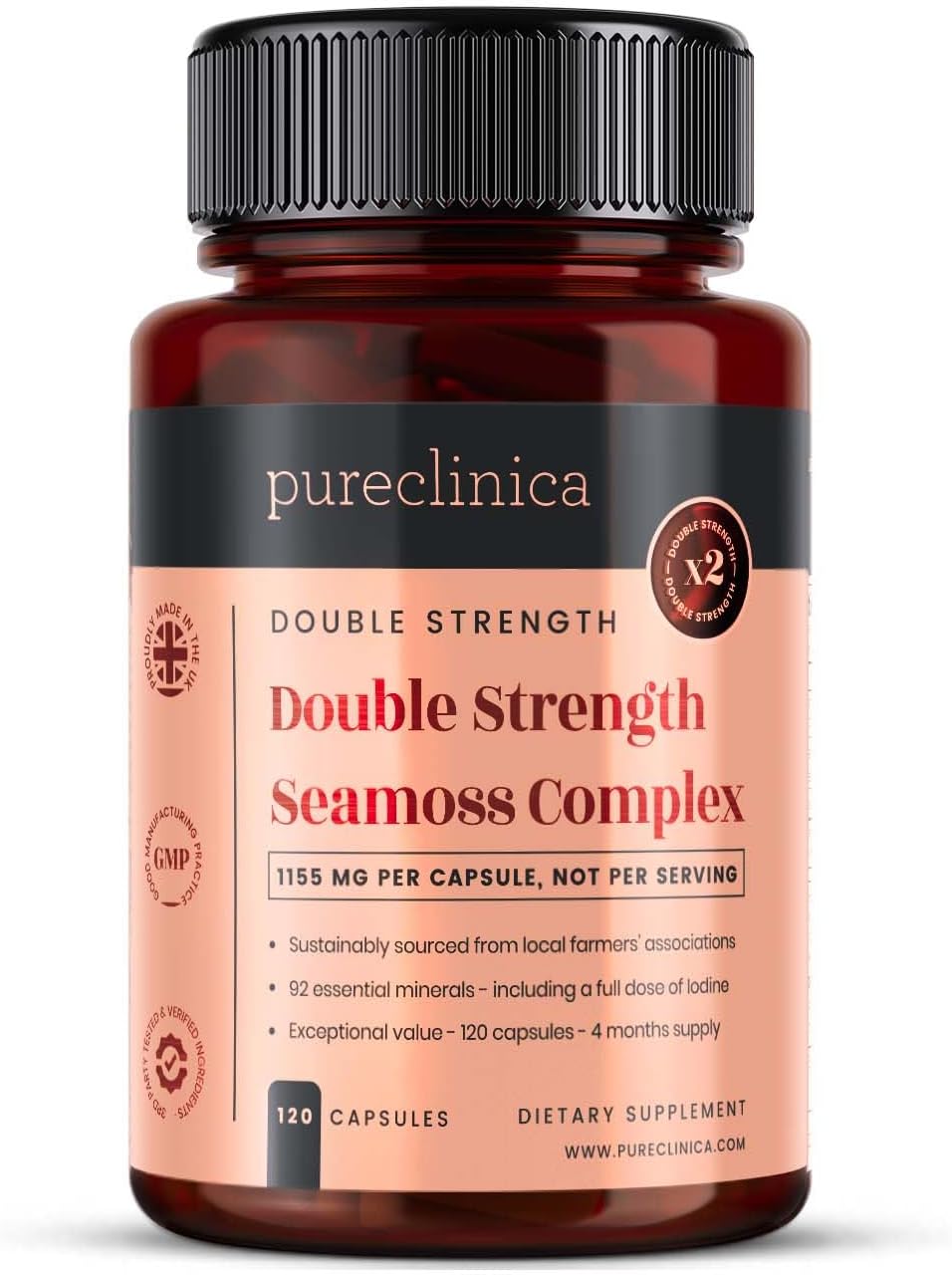 pureclinica Double Strength Seamoss Complex – 1155mg x 120 Capsules (4 Months Supply) – with Sea Moss, Bladderwrack & Burdock Root - görsel 1