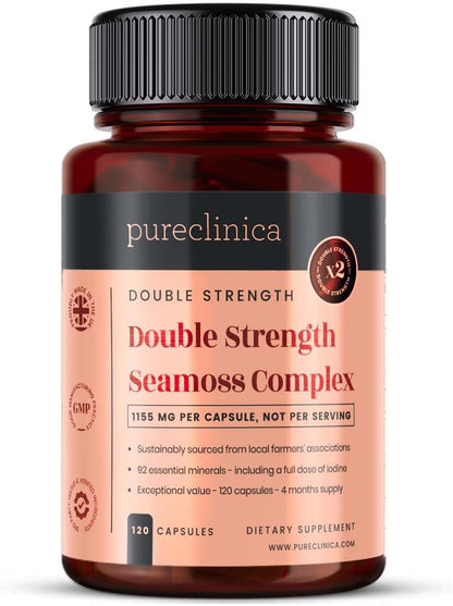 pureclinica Double Strength Seamoss Complex – 1155mg x 120 Capsules (4 Months Supply) – with Sea Moss, Bladderwrack & Burdock Root