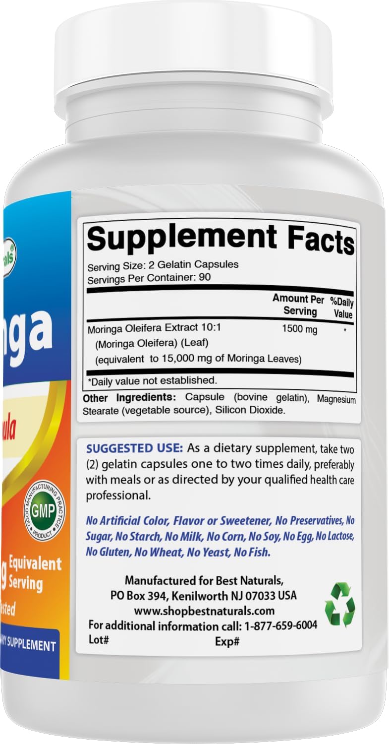 Best Naturals Moringa Extract 10:1 1500mg per Serving – 180 Capsules – Superfood Nutrients for Daily Wellbeing - görsel 6