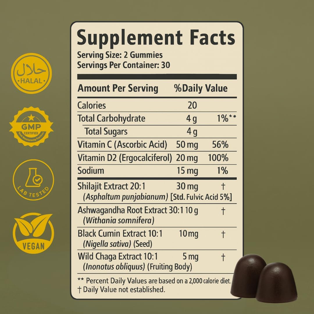 Pure Shilajit Gummies for Men and Women, with Black Seed Oil – High Potency Himalayan Resin – Energy, Immune & Cognitive Support – Lab Tested, Non-GMO, Gluten-Free - görsel 9