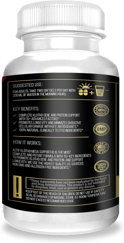 ACTIF Klotho Mega Support with 20+ Advanced Factors for Longevity Support - Non GMO, Made in USA, 90 Count