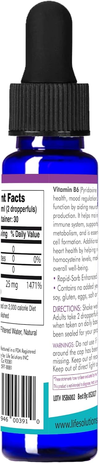 Life Solutions Vitamin B6 Pyridoxine HCl - Liquid B6 Supplement 25mg, 60ml