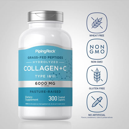 Piping Rock Collagen Peptides Plus Vitamin C Pills 6000mg - 300 Caplets - Hydrolysed Collagen Peptides Type I & III