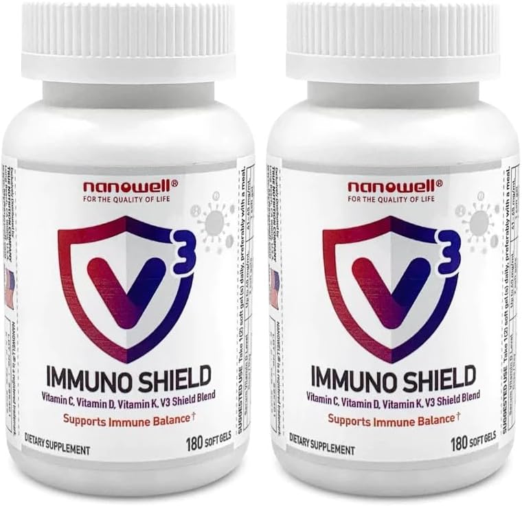 NANOWELL V3 IMMUNO Shield 180 Soft gel capsules (2-Pack) - Immune Support Supplement with Vitamin C, D3, K Complex, and Zinc (360 Count) - görsel 1