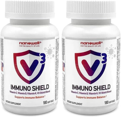 NANOWELL V3 IMMUNO Shield 180 Soft gel capsules (2-Pack) - Immune Support Supplement with Vitamin C, D3, K Complex, and Zinc (360 Count)