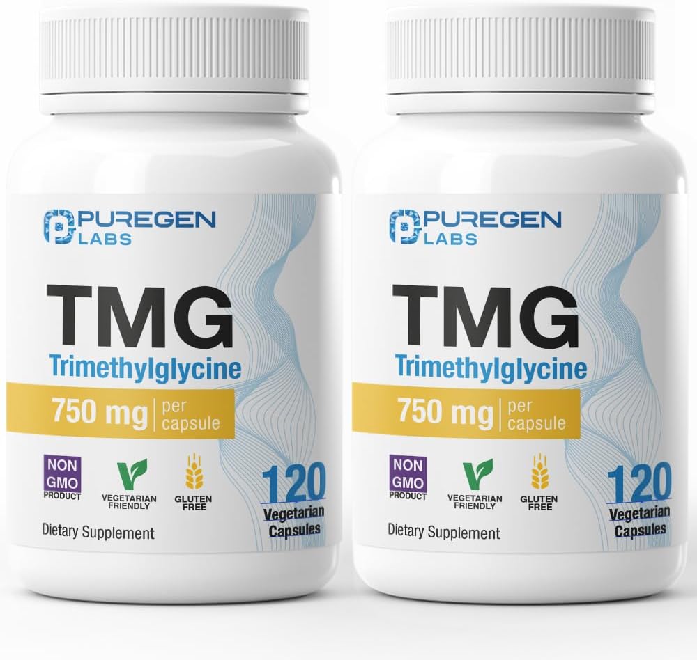 Puregen Labs TMG 750 mg – High Strength Trimethylglycine Supplement – Non-GMO, Gluten-free, Dairy-Free – 2 Pack (240 Vegetarian Capsules) - görsel 1