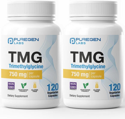 Puregen Labs TMG 750 mg – High Strength Trimethylglycine Supplement – Non-GMO, Gluten-free, Dairy-Free – 2 Pack (240 Vegetarian Capsules)