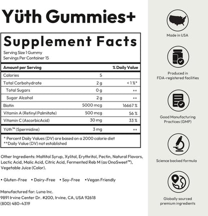 BIGVITA Yuth Gummies + | Spermidine Gummies for Hair Growth, Skin & Nails | High-Purity Spermidine Food Supplement for Cellular Renewal & Anti-Ageing | Collagen Support with Vitamin C & Vitamin A