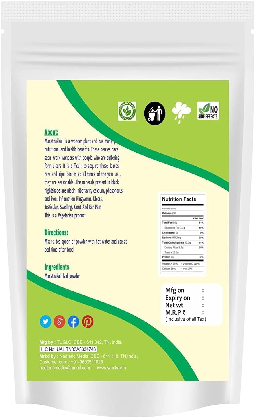 YAMKAY Organic Manathakkali Leaf Powder - Black Nightshade, Solanum Nigrum, 300g - görsel 2