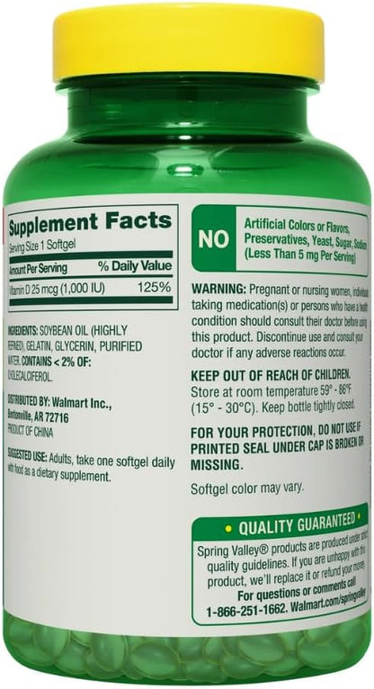 Spring Valley Vitamin D3 Supplement Soft gel capsules, 25 µg (1,000 IU), 450 Capsules