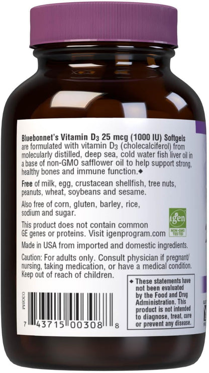 Bluebonnet Nutrition Vitamin D3 1000 IU Softgels – Non-GMO, Gluten-Free, 100 Softgels