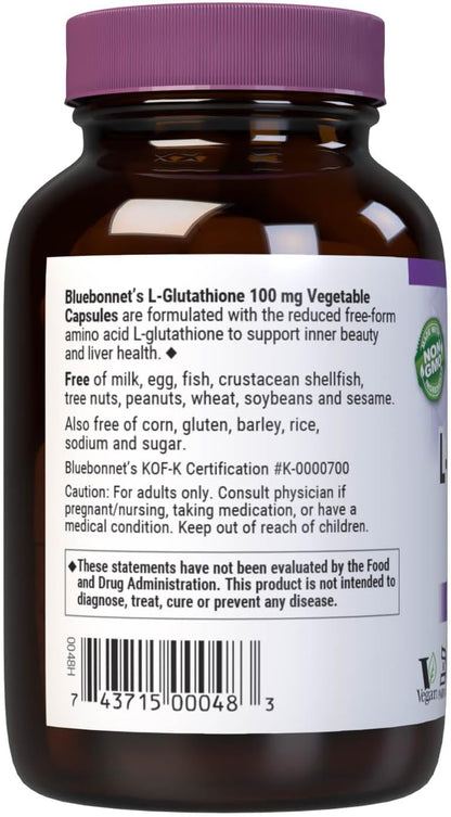 Bluebonnet Nutrition L-Glutathione 100 mg - Free-Form Reduced Glutathione - 30 Vegan Capsules