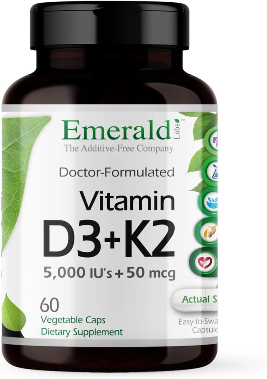 EMERALD LABS Vitamin D3+K2 - 5000 IU with VitalDelta MK-7 for Bone and Heart Support, 60 Vegetable Capsules - görsel 1