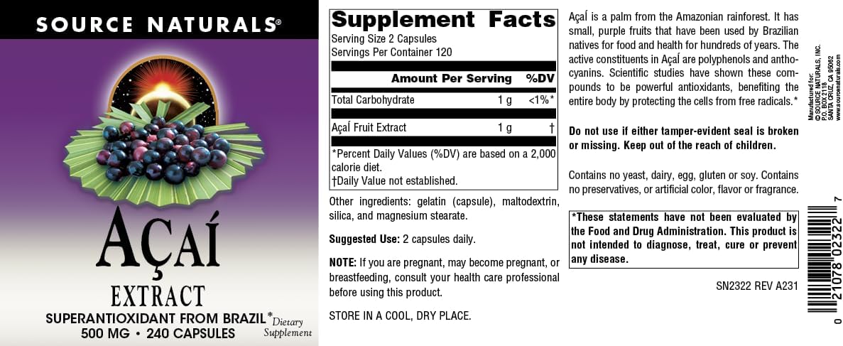 Source Naturals Acai Extract, Superantioxidant from the Amazon* - 500 mg - 240 Vegan Capsules - görsel 4