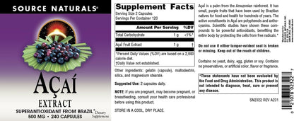 Source Naturals Acai Extract, Superantioxidant from the Amazon* - 500 mg - 240 Vegan Capsules