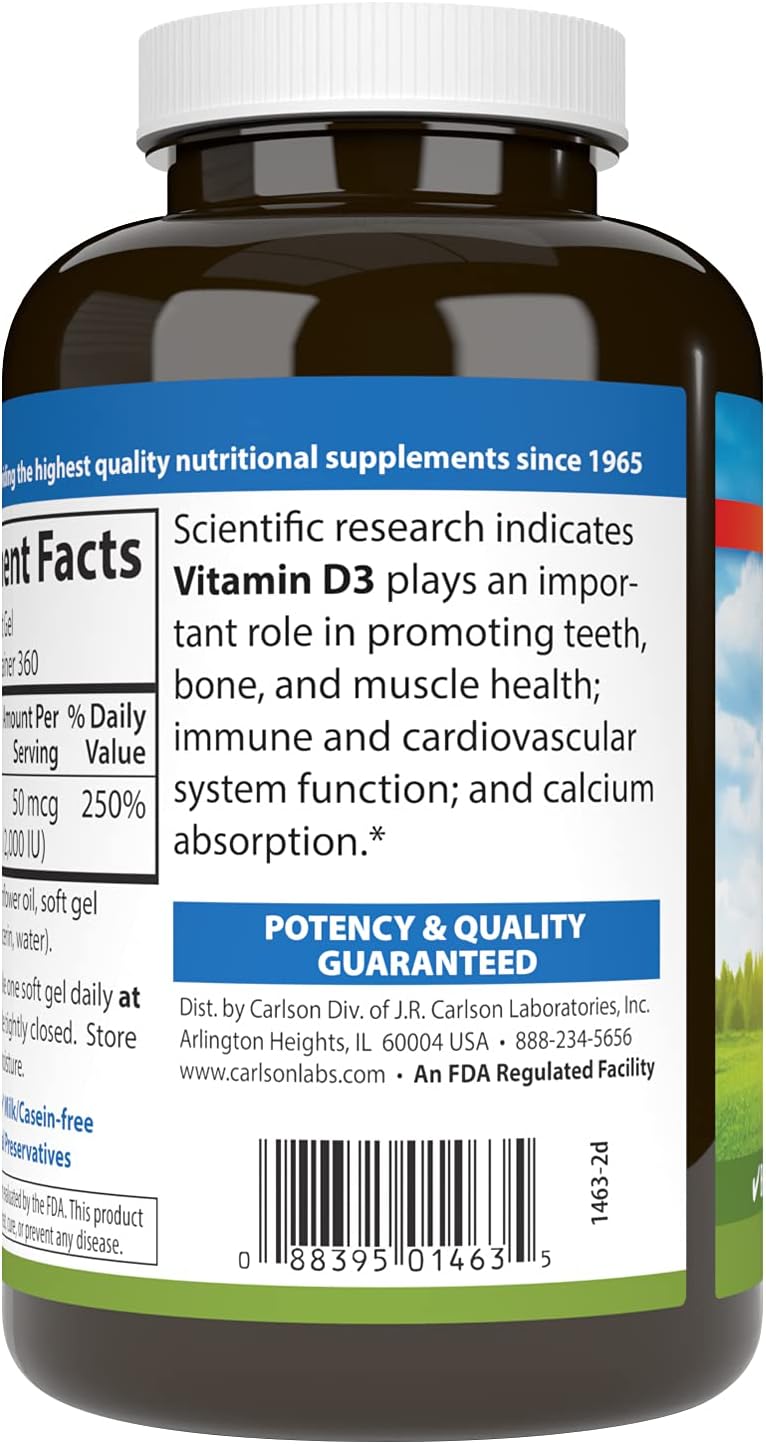 Carlson Vitamin D3, 2000 IU (50 mcg), for Bone and Muscle Health, Cholecalciferol, Vitamin D Supplement, Vitamin D3 Softgels, 360 Softgels - görsel 3