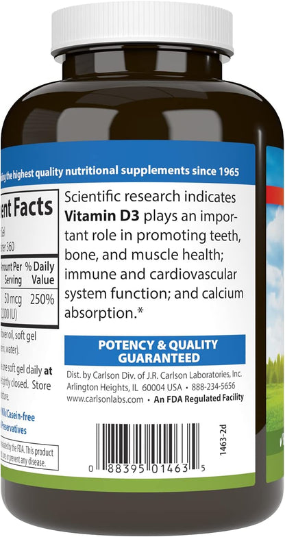 Carlson Vitamin D3, 2000 IU (50 mcg), for Bone and Muscle Health, Cholecalciferol, Vitamin D Supplement, Vitamin D3 Softgels, 360 Softgels