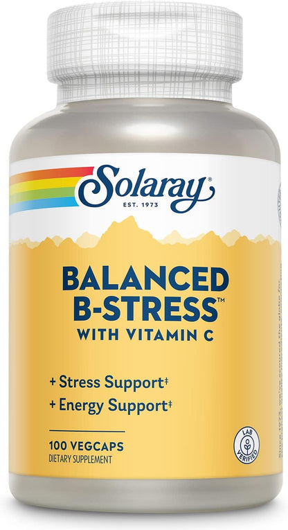 SOLARAY Balanced B Stress with Vitamin C – B Complex Vitamins for Cellular Energy & Stress Support – 100 VegCaps